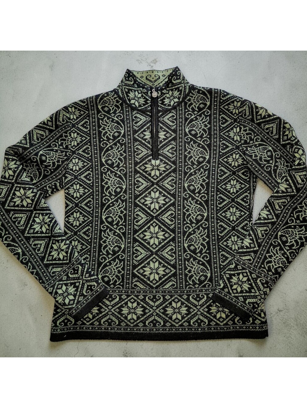 Neve Black Green 100% Wool Full Zip Sweater Jacket Small Nordic Fair Isle